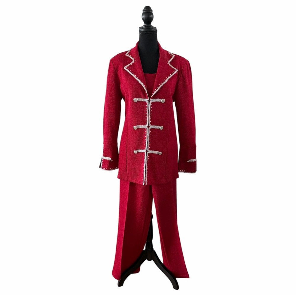 Todd & Olivia Red Knit 3pc Pant Suit w/Rhinestones and Silver Trim, Size 14